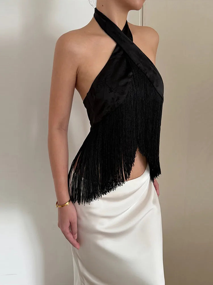 Luna Satin Halter Tie-Front Crop Top