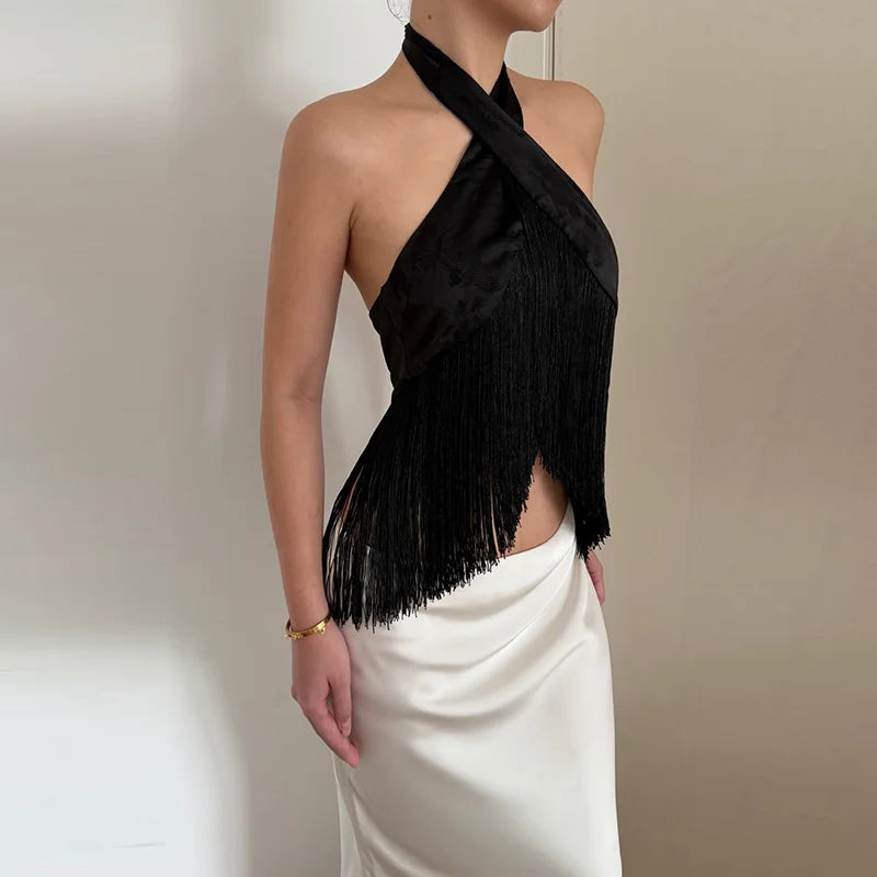Luna Satin Halter Tie-Front Crop Top