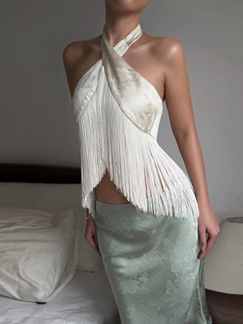 Luna Satin Halter Tie-Front Crop Top
