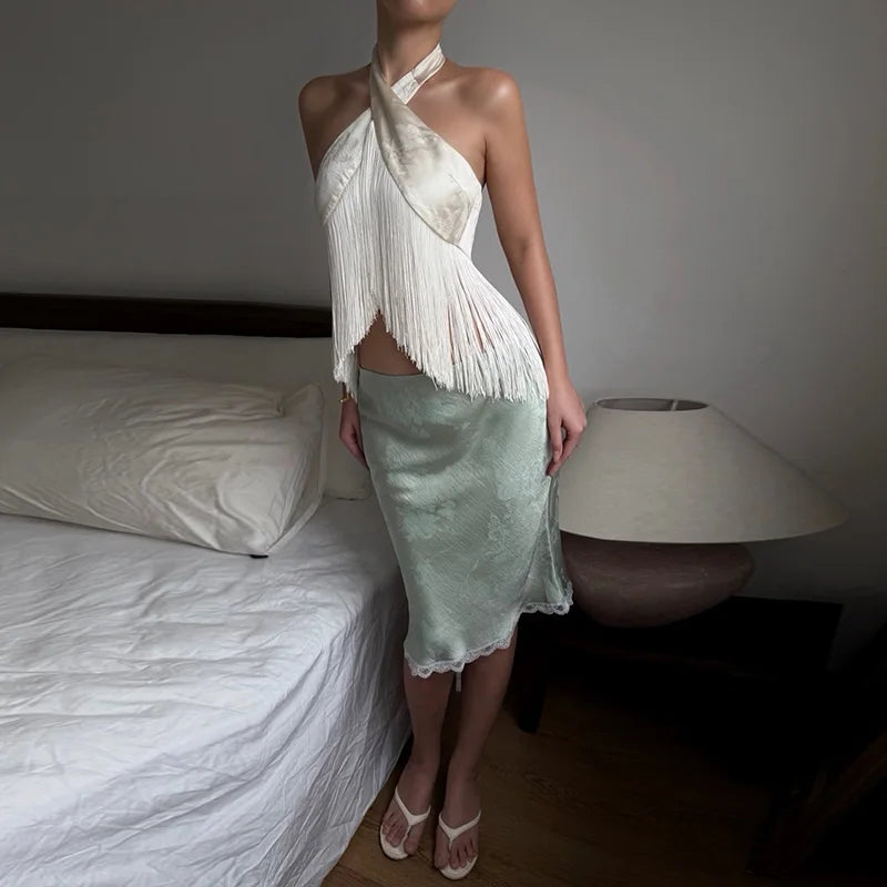 Luna Satin Halter Tie-Front Crop Top